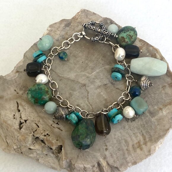 Sterling Silver 925 Beaded Multistone Turquoise Cable Chain Charm Bracelet 7.5" - Picture 2 of 16